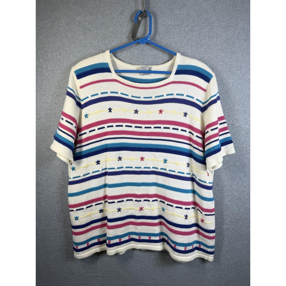Alfred Dunner Sweater Womens XL Multicolor Striped Embroidered Short Sleeve